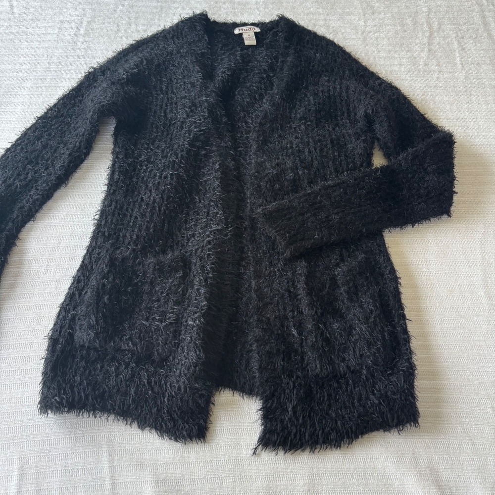 Mudd Black Eyelash Fuzzy Knit Open Front Cardigan Sweater Pockets Long Sleeve Sm